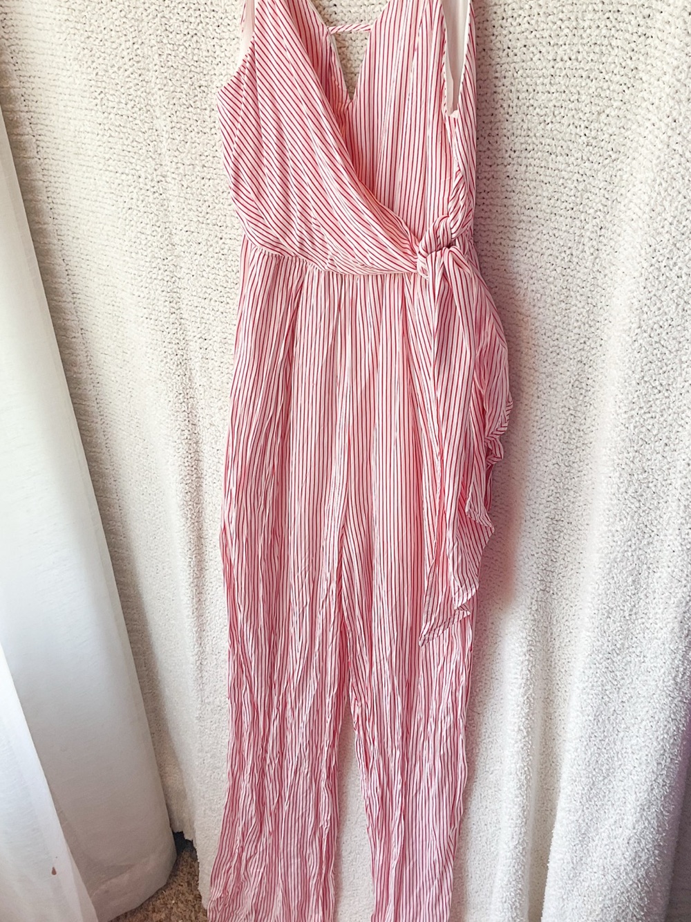 Pink and White Striped Wrap Jumpsuit